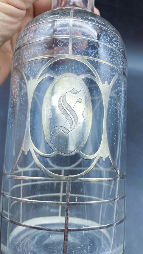 Antique Sterling Silver Overlay Back Bar Whiskey Decanter Bottle Monogrammed Art Nouveau - 3