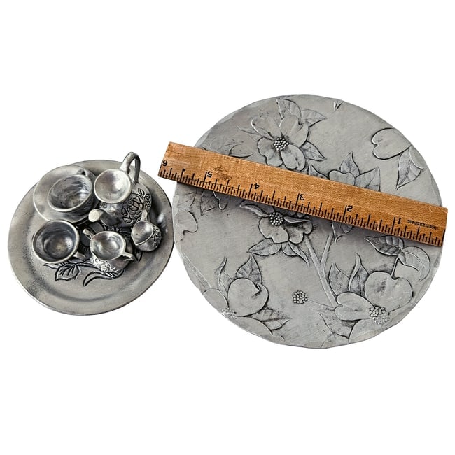 Dollhouse Miniature Pewter Tea Set with Rose Motif - 2