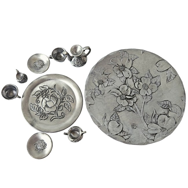 Dollhouse Miniature Pewter Tea Set with Rose Motif - 3