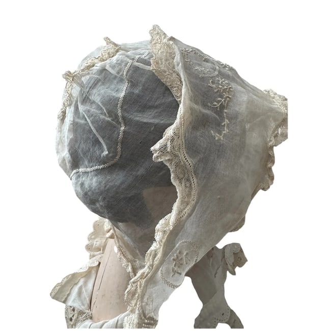 Antique Doll Bonnet Cream Sheer Lace Dutch French Victorian Ivory White - 2