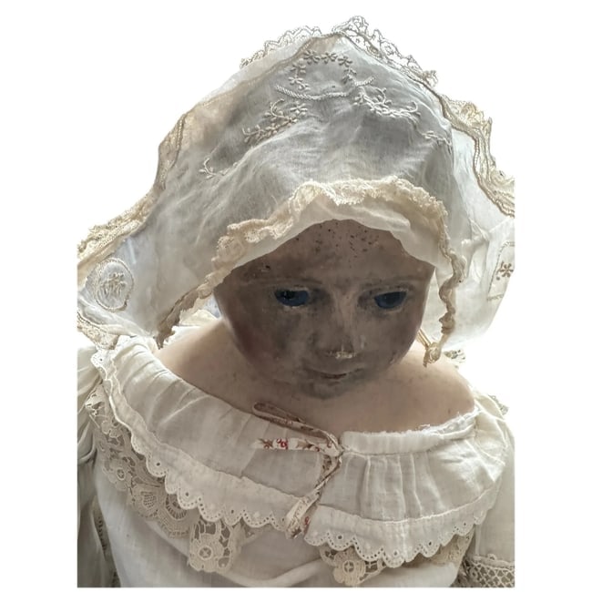 Antique Doll Bonnet Cream Sheer Lace Dutch French Victorian Ivory White - 3
