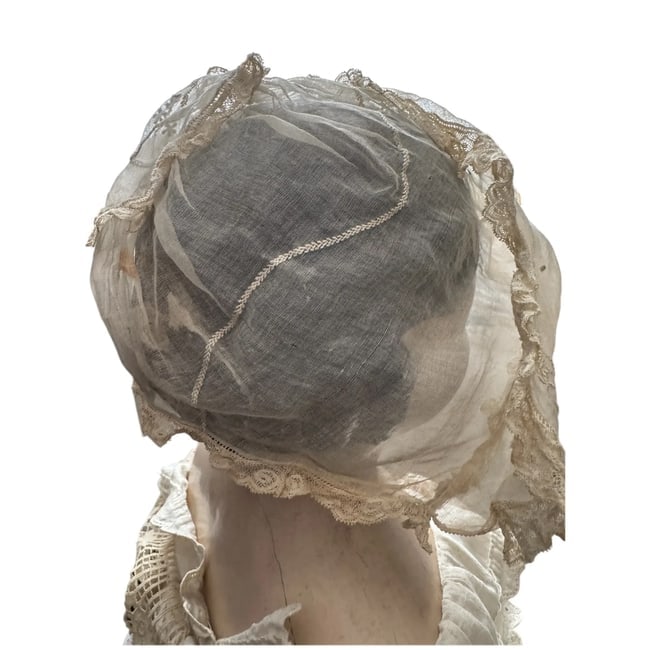 Antique Doll Bonnet Cream Sheer Lace Dutch French Victorian Ivory White - 4