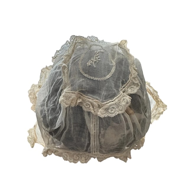 Antique Doll Bonnet Cream Sheer Lace Dutch French Victorian Ivory White - 5