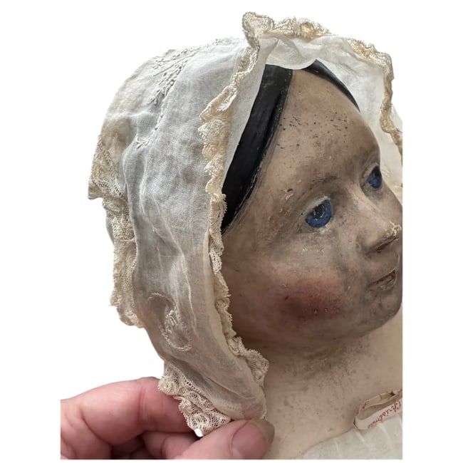 Antique Doll Bonnet Cream Sheer Lace Dutch French Victorian Ivory White - 8