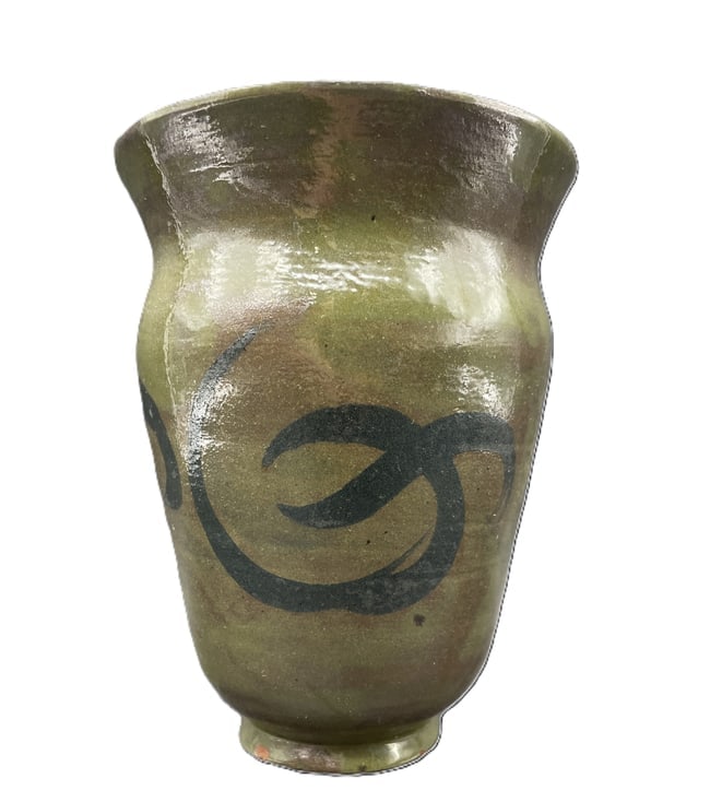 1947 Signed GNM Studio Art Pottery Vase Green Glaze Abstract Decorated Ceramic Vessel - 2