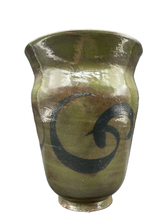 1947 Signed GNM Studio Art Pottery Vase Green Glaze Abstract Decorated Ceramic Vessel - 3