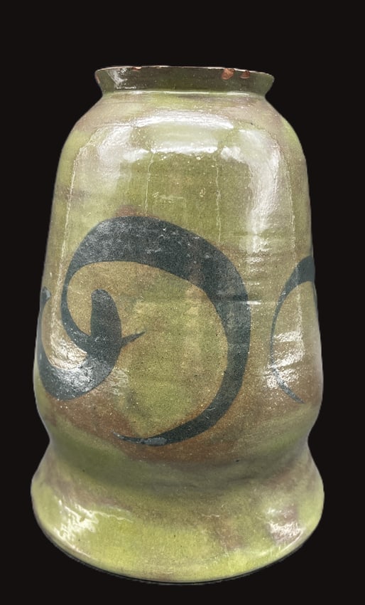 1947 Signed GNM Studio Art Pottery Vase Green Glaze Abstract Decorated Ceramic Vessel - 7