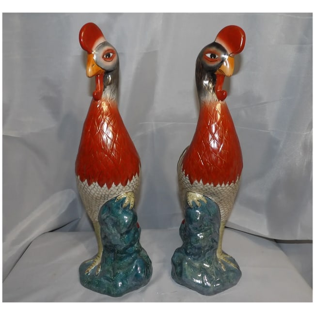 Pair of 17" tall Japanese Showa Period Kutani Bird Statues - 2