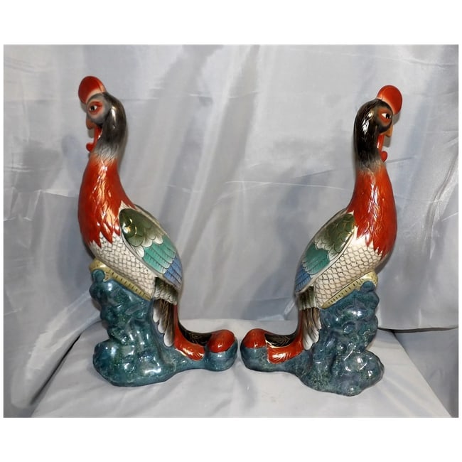 Pair of 17" tall Japanese Showa Period Kutani Bird Statues - 3