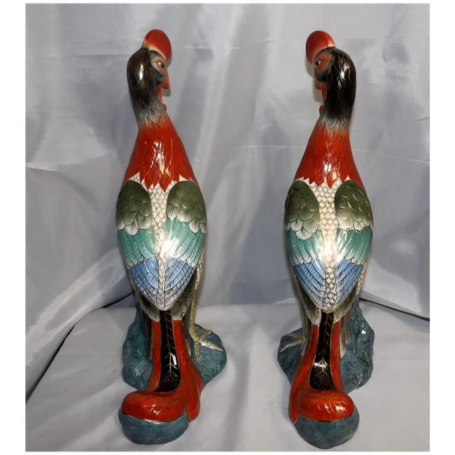 Pair of 17" tall Japanese Showa Period Kutani Bird Statues - 4