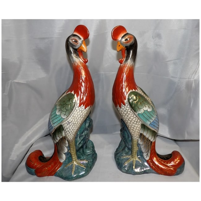 Pair of 17" tall Japanese Showa Period Kutani Bird Statues - 5