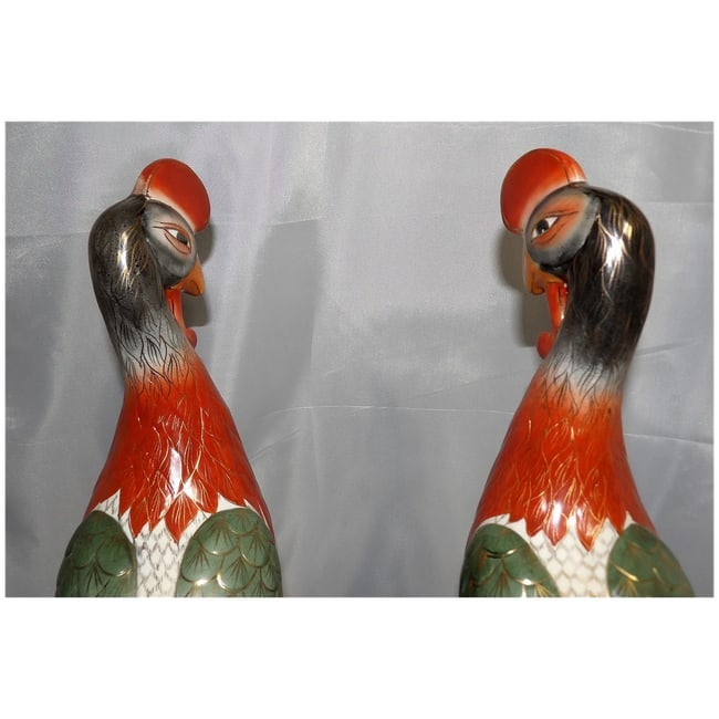 Pair of 17" tall Japanese Showa Period Kutani Bird Statues - 7