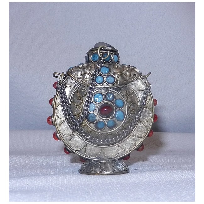 Vintage Tibetan Style Brass Snuff Bottle with Carnelian, and Turquoise Gemstones - 2