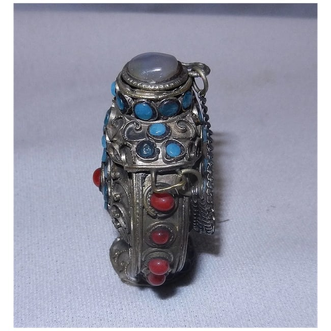 Vintage Tibetan Style Brass Snuff Bottle with Carnelian, and Turquoise Gemstones - 3