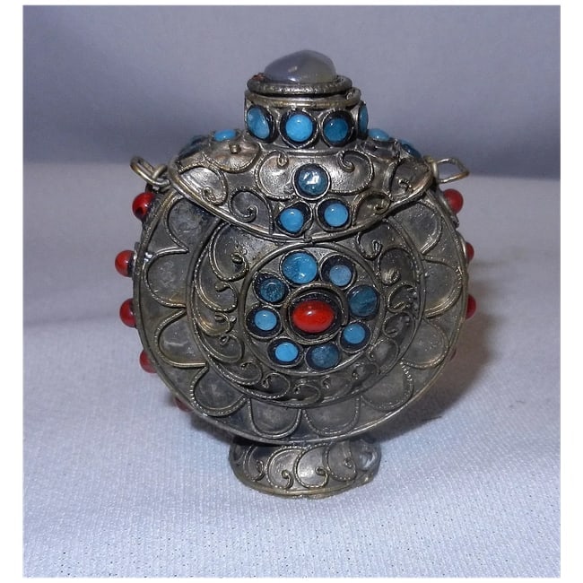 Vintage Tibetan Style Brass Snuff Bottle with Carnelian, and Turquoise Gemstones - 4