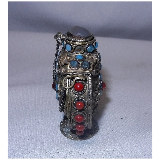 Vintage Tibetan Style Brass Snuff Bottle with Carnelian, and Turquoise Gemstones - 5