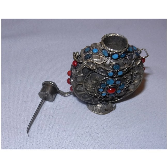 Vintage Tibetan Style Brass Snuff Bottle with Carnelian, and Turquoise Gemstones - 6