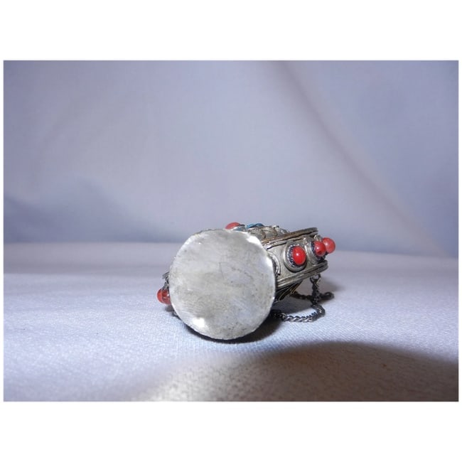 Vintage Tibetan Style Brass Snuff Bottle with Carnelian, and Turquoise Gemstones - 8