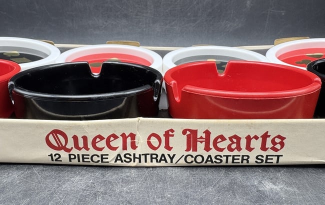 Vintage Queen of Hearts Ashtray & Coaster Set Mid Century Smoking Barware Original Box - 3
