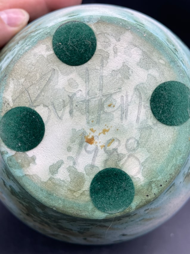 BEAUTIFUL SIGNED ART POTTERY VASE 1988 Artist Signed Blue & Green Hues - 5
