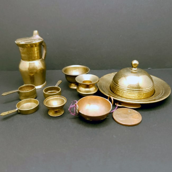 Miniature Dollhouse Brass Serving Tray and Kitchen Ware - 2
