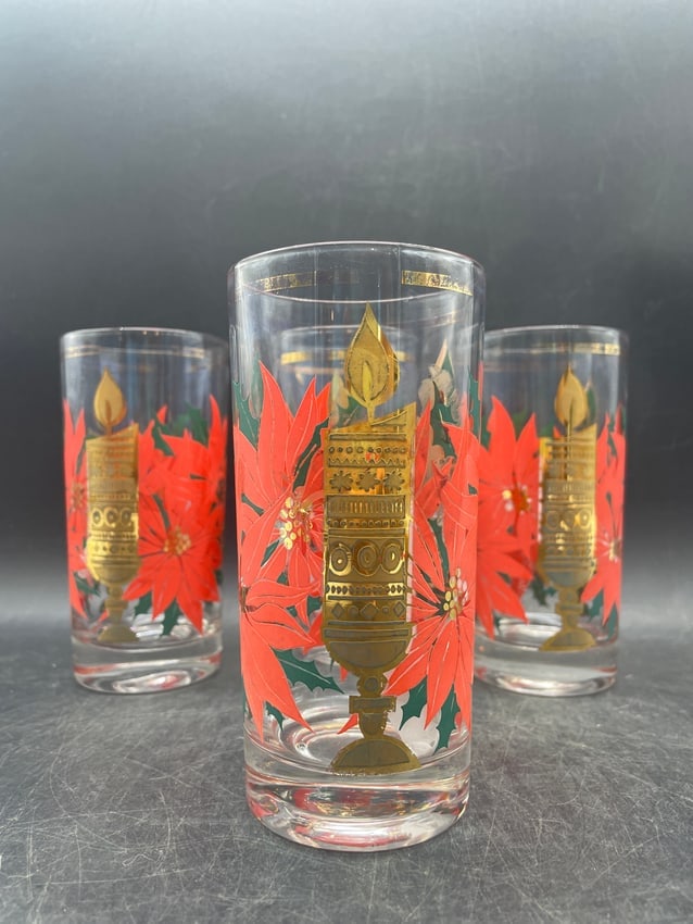 Mid-Century Modern Pasinski Christmas Highball Glasses 22K Gold Candle & Poinsettia Tumblers - 2