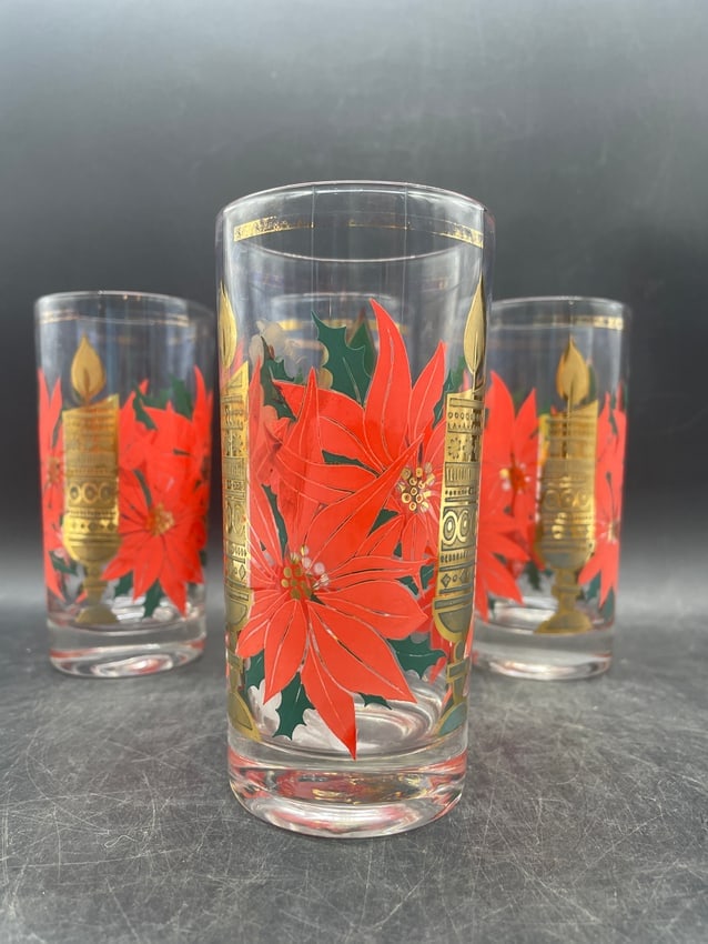 Mid-Century Modern Pasinski Christmas Highball Glasses 22K Gold Candle & Poinsettia Tumblers - 3