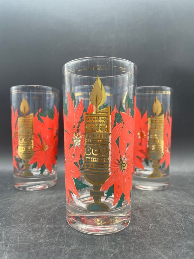 Mid-Century Modern Pasinski Christmas Highball Glasses 22K Gold Candle & Poinsettia Tumblers - 4