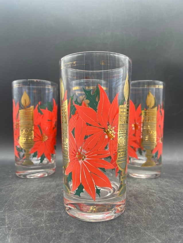 Mid-Century Modern Pasinski Christmas Highball Glasses 22K Gold Candle & Poinsettia Tumblers - 5