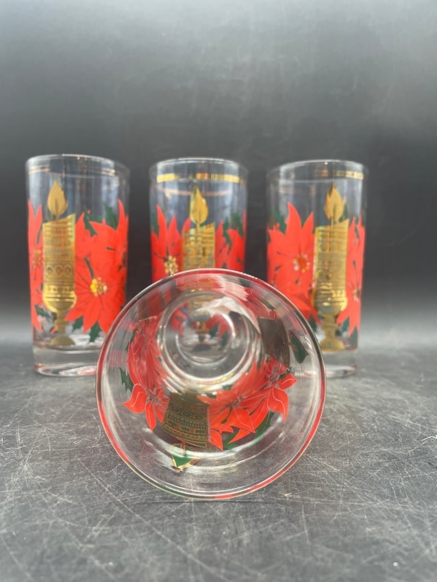 Mid-Century Modern Pasinski Christmas Highball Glasses 22K Gold Candle & Poinsettia Tumblers - 6