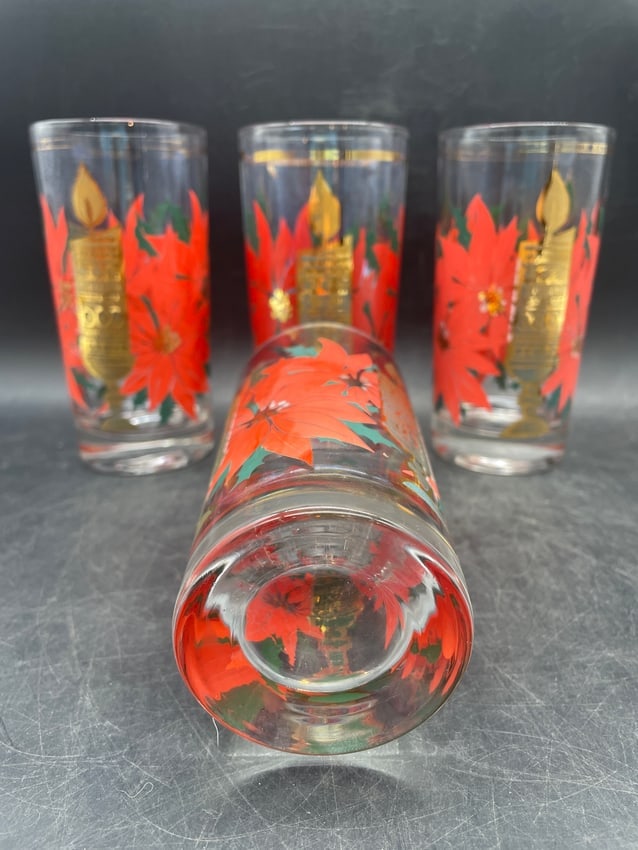 Mid-Century Modern Pasinski Christmas Highball Glasses 22K Gold Candle & Poinsettia Tumblers - 7