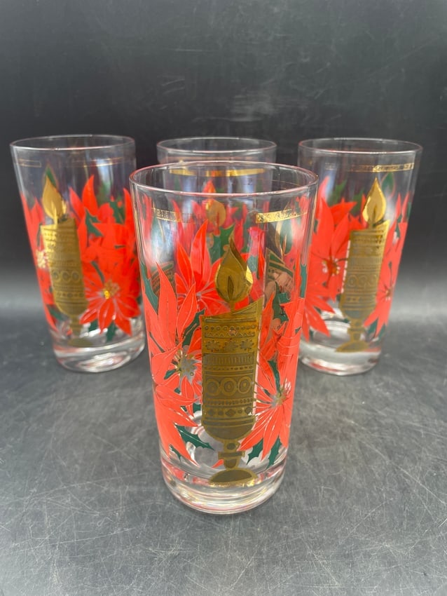 Mid-Century Modern Pasinski Christmas Highball Glasses 22K Gold Candle & Poinsettia Tumblers - 8