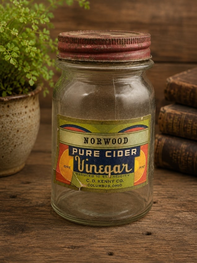Vintage NORWOOD PURE CIDER VINEGAR GLASS JAR" C.D. Kenny Co. Baltimore Maryland: Date/Period: unknown Dimension: Approx. 5" tall x 3" diameter Material: glass Additional Information: Add a touch of vintage charm to your kitchen or collection with this clear glass jar from