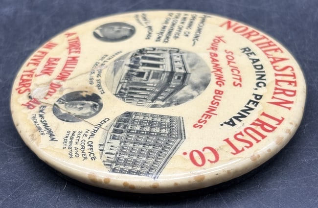 Early 1900's 3 1/2" Pocket Mirror - Northeastern Trust Co. Reading, Penna - 3