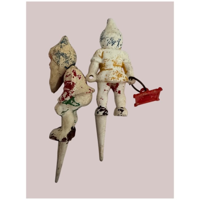 Pair o vintage plastic garden gnome cake topper or plant picks - 7