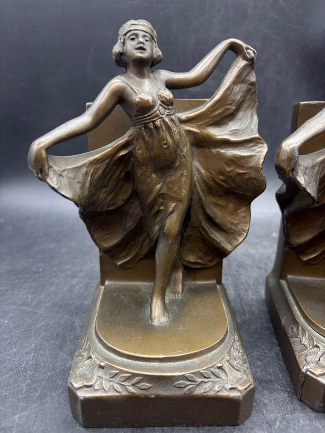 Antique 1920's Loie Fuller Bronze Art Deco "Serpentine Dance" Girls Bookends - 2