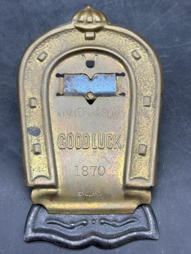 Antique HORSESHOE Brass PAPER CLIP "Good Luck" England 1870 M. Myers & Son - 2
