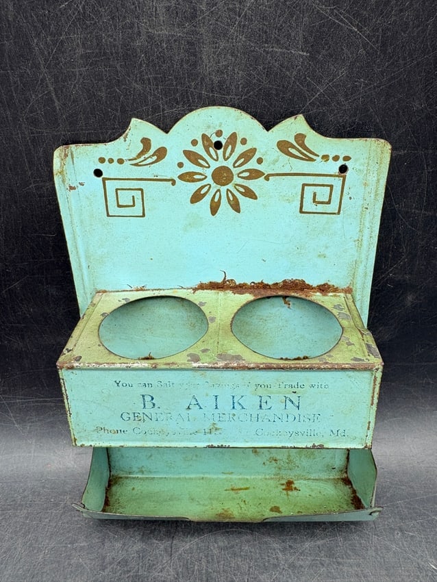 Vintage B. Aiken General Merchandise Advertising Tin Kitchen Match Holder Wall Organizer, - 2