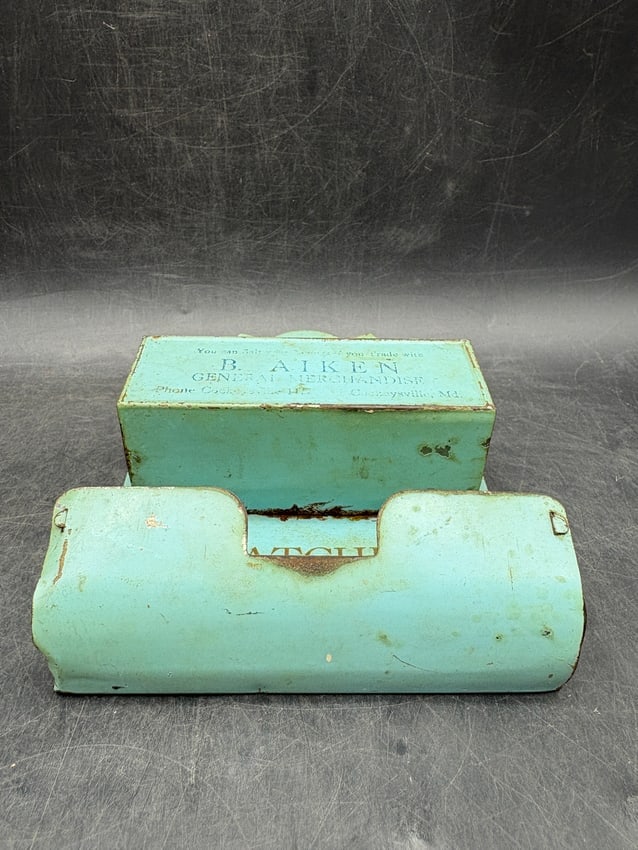 Vintage B. Aiken General Merchandise Advertising Tin Kitchen Match Holder Wall Organizer, - 4