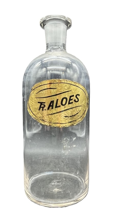 Vintage Apothecary Glass Bottle Tincture Aloes Gold Label Pharmacy Jar w Stopper - 2
