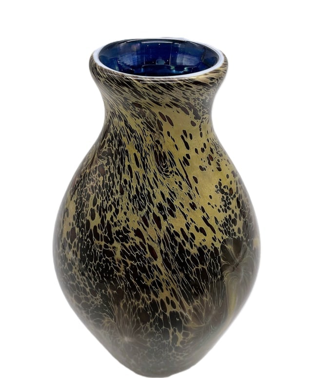 Attributed Michael Cohn Studio Art Glass Vase Cobalt Blue Interior 7.25 In - 2