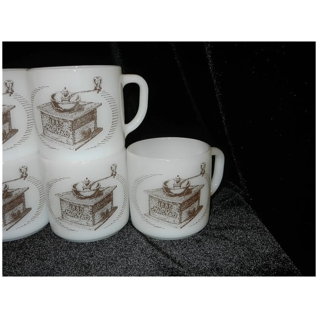 Vintage Federal Milk Glass 1885 MoorMan's Feed Coffee Grinder Coffee Mug Set - 3