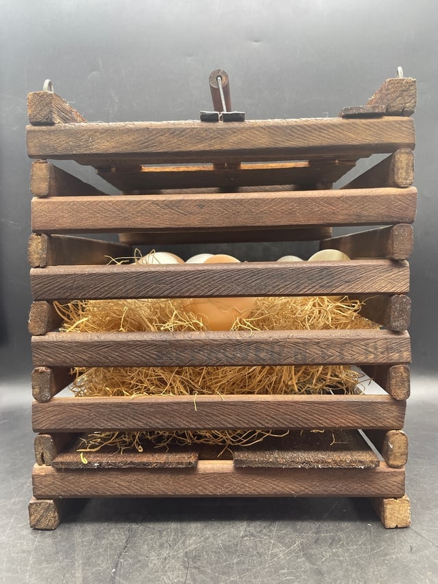 Primitive Farmhouse Wooden Egg Crate Carrier with Bale Handle & Nesting Eggs - 2