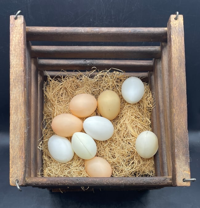 Primitive Farmhouse Wooden Egg Crate Carrier with Bale Handle & Nesting Eggs - 4