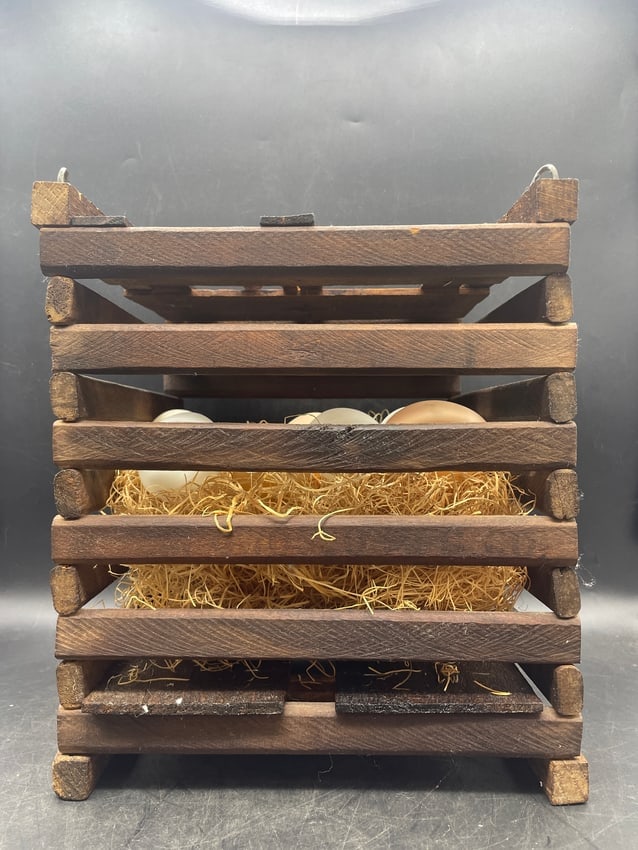 Primitive Farmhouse Wooden Egg Crate Carrier with Bale Handle & Nesting Eggs - 6