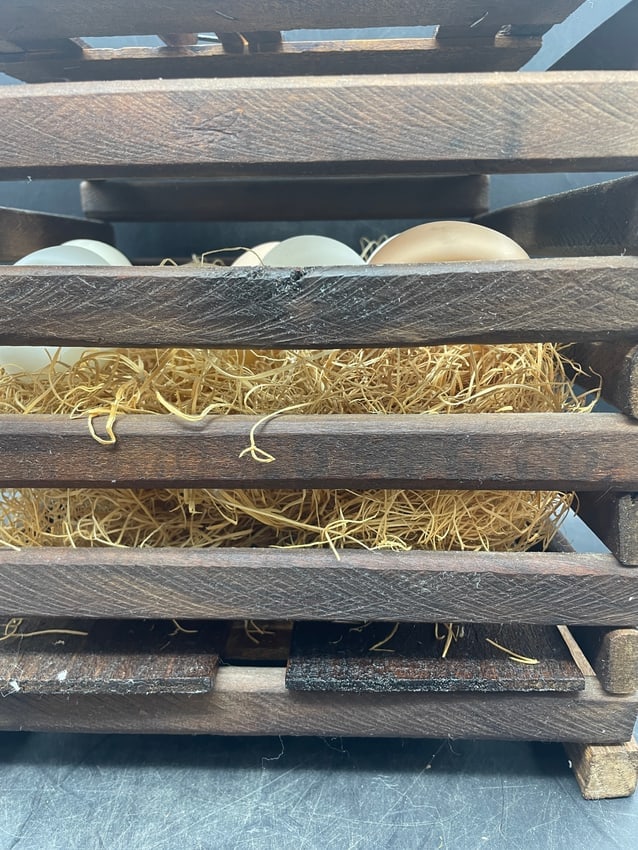 Primitive Farmhouse Wooden Egg Crate Carrier with Bale Handle & Nesting Eggs - 7