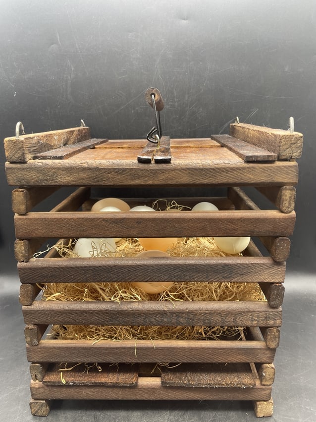 Primitive Farmhouse Wooden Egg Crate Carrier with Bale Handle & Nesting Eggs - 8