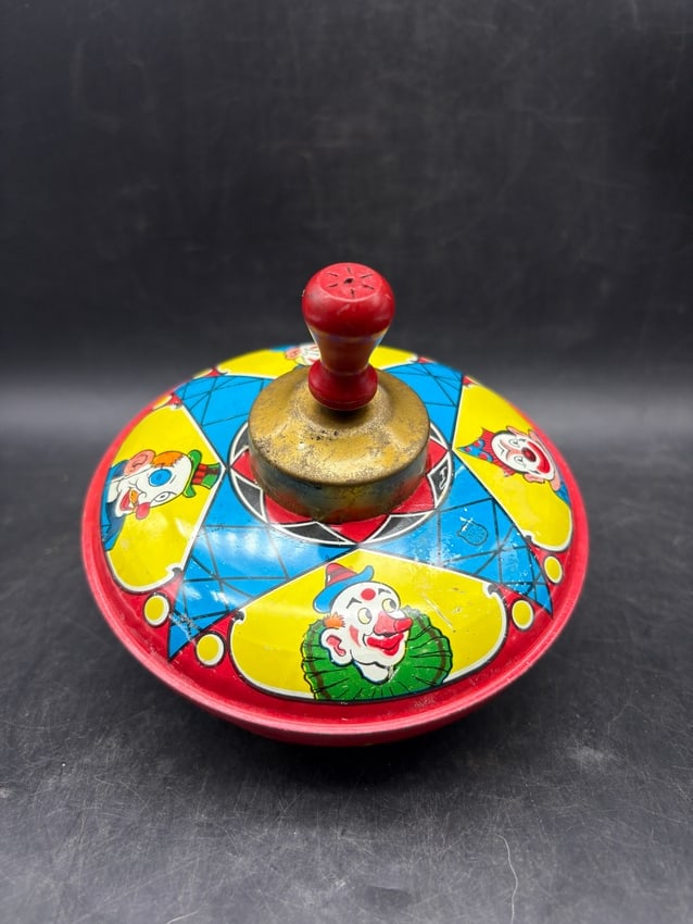 J. Chein & Co. Tin Lithograph Spinning Top with Wooden Plunger Clown Circus Scene USA - 2