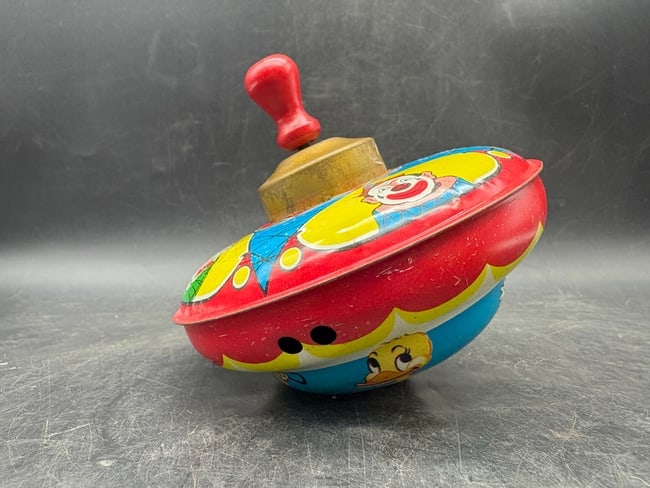 J. Chein & Co. Tin Lithograph Spinning Top with Wooden Plunger Clown Circus Scene USA - 3