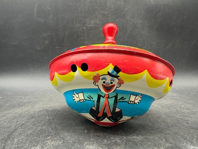 J. Chein & Co. Tin Lithograph Spinning Top with Wooden Plunger Clown Circus Scene USA - 7